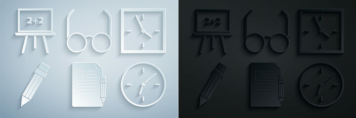 Canvas Print - Set Exam sheet and pencil with eraser, Clock, Pencil, Glasses and Chalkboard icon. Vector