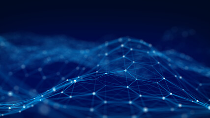 Blue wave conection dots and lines. Abstract technology background. Science background. Big data. 3d rendering. Network connection. Hexagon.