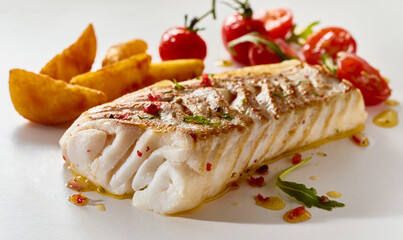 Sticker - Delicious fish fillet with cherry tomatoes and fried potatoes placed on a white surface