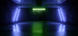 Fototapeta Do przedpokoju - Showcase Neon Club Retro Brick Walls Concrete Grunge Underground Club Dark Cyber Green Blue Lights Hangar Car Parking Room Tunnel Corridor Hallway 3D Rendering