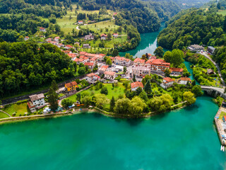 Canvas Print - Riverside Most na Soci Picturesque Town in Slovenia