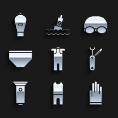 Sticker - Set Wetsuit for scuba diving, Gloves, Swiss army knife, Flashlight, Swimming trunks, Glasses and cap swimming and Lift bag icon. Vector