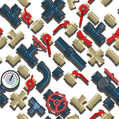 Wall Mural - Pipe fittings, taps, bends and fittings. Spare parts for pipelines, sewerage, gas lines and any liquid supply. Isolated on a white background. Illustration Seamlessly Patten Vector