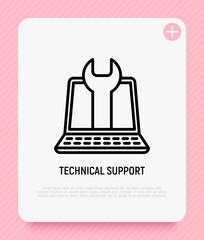 Wall Mural - technical support: open laptop with wrench thin line icon. it support. modern vector illustration.
