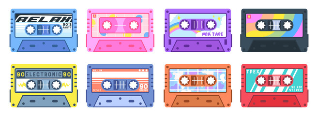 Retro cassettes with music. Old audio cassettes of the 90s, vintage radio cassette, with music from the 1970s and 1980s, Colorful multicolored bright cassettes, Each isolated on a white background