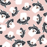Fototapeta Dinusie - Funny cute seamless pattern with a portrait of a lami in a hat.Creative llama childish texture.For printing baby textile, fabrics, design, decor, gift wrap.Modern cartoon style.