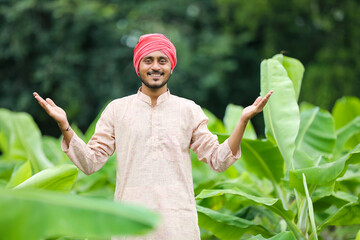 Wall Mural - Young Indian farmer at green banana field