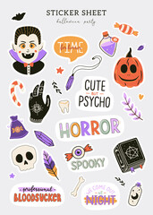 Collection of cute Halloween characters and symbols. Hand drawn design elements. Halloween stickers set. Vector illustrations and typography.