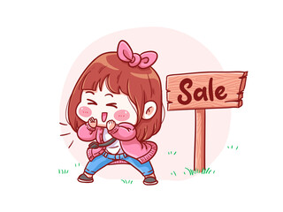 Cute and kawaii Girl Announcing Sale Manga Chibi Illustration