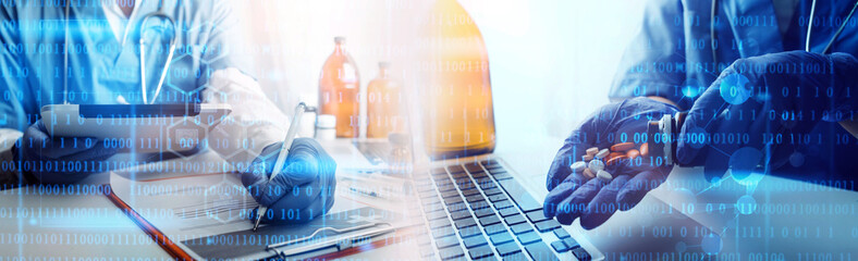 Virtual hospital, telemedicine, online medical, smart health, medical technology development concept. Doctor using digital tablet connecting with patient and health care icons on virtual screen