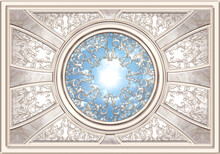 3-D Ceiling Painting In Classic Style, The Arch Of The Main Hall, Stucco Beige Ornaments, Blue Sky And Sun In The Dome, Molding Frame