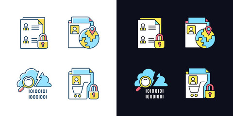 Poster - Maintain information security light and dark theme RGB color icons set. Employee files. Data breach detection. Isolated vector illustrations on white and black space. Simple filled line drawings pack