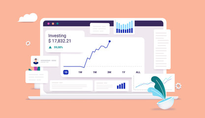 Investing Online - Investment webpage on laptop computer with user interface, and charts showing profits. Profitable stock market trading concept. Vector illustration.