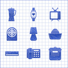 Sticker - Set Table lamp, Telephone, Slow cooker, Citrus fruit juicer, Air conditioner, Electric heater, Television and Blender icon. Vector