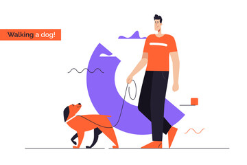 Young smiling man walking a dog on a leash. Flat style outline vector illustration. Editable stroke