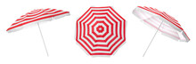Set With Striped Beach Umbrellas On White Background. Banner Design