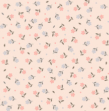 Beautiful Floral Pattern In Small Abstract Flowers. Small Blue And Red Flowers. Pastel Pink Background. Ditsy Print. Floral Seamless Background. The Elegant The Template For Fashion Prints. Stock 