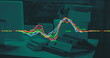 Image of financial data processing with fluctuating lines over office desk
