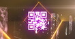 QR code scanner with neon elements against screens of networks of connections