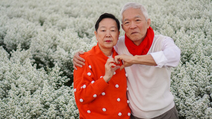 Wall Mural - Asian elder couple celebrating christmas and New Year in flower garden forever happy love