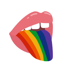 Open mouth with pink lips and tongue as LGBT flag. Trendy graphic. Vector hand drawn illustration.