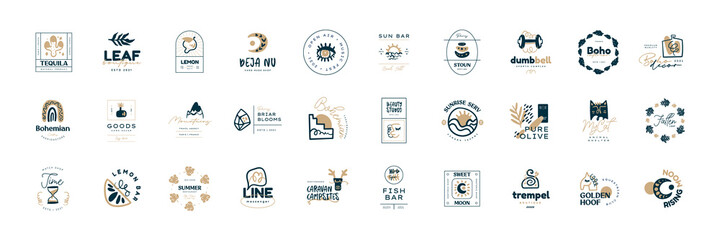 Boho logo design templates collections. Doodle Bohemian icons and symbols set. Modern tribal, ethnic logotype. Vector illustration.