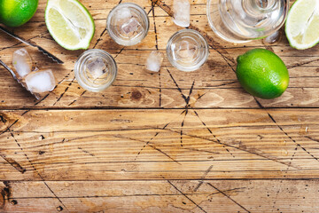 Wall Mural - Brazilian vodka cachaca in shot glasses with lime on wooden table, iced strong alcohol drink in misted glass. Top view, negative space