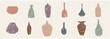 Vector handdrawn textured trendy artistic clay pots, vases, jugs, jars. Wall art creation collection. Neutral colors design elements, pottery logo illustrations. Vintage ceramic bottle creativity set