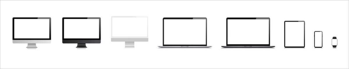 Wall Mural - desktop laptop tablet watch moile blank screen computer mock up. modern gadget monitor vector isolat