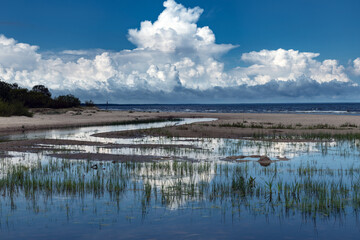 Wall Mural - Big cloud over estuary of small river in Gulf of Riga, Baltic sea.