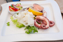 Delicious Antipasti With Octopus, Fish And Squid Strips And A Piece Of Grilled Salmon