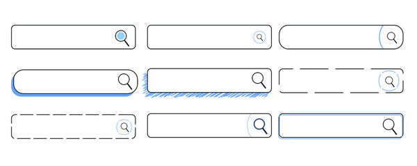 Doodle web search bar set. Ui interface design elements collection. Mobile application navigation frame. Sketch style app symbols. Isolated vector.