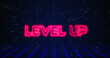 Retro Level Up text glitching over blue and red triangles on white hyperspace effect