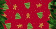 Digital image of multiple ginger bread man and christmas tree moving against red background