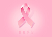 3d Illustration Of Classsic Breast Cancer Awareness Realistic Ribbon With Loop On Pink Color Background With Word Hope. Symbol Of Breast Cancer Awareness Month Campaign