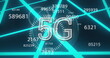 Image of 5g text and numbers changing over glowing blue lines background