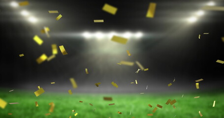 Wall Mural - Image of golden confetti falling over empty sports stadium