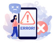 Error message sign on smartphone screen. Tiny woman examining operating system error warning window on phone. Modern flat cartoon style. Vector illustration on white background