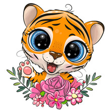 Cartoon Tiger With Flowers Isolated On A White Background