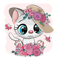 Sticker - Kitten with hat with flowers on a white background