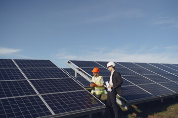 Wall Mural - Foreman and businessman at solar energy station.