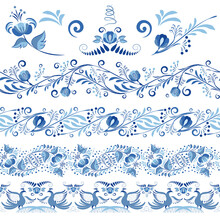 Set Of Blue Patterned Seamless Borders And Elements For The Design In The Style Of Ethnic Porcelain Painting. Floral Brushes With Leaves And Flowers Isolated On White.