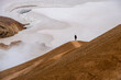 einsame Person auf braunem Hügel vor Schneewehen