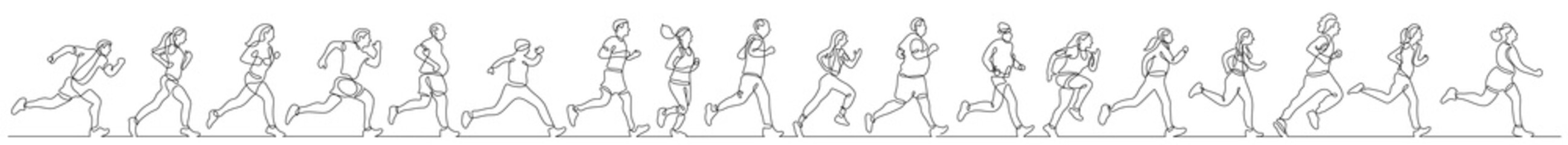 Sticker - continuous line drawing of group of diverse people exercising running