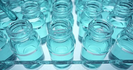 Wall Mural - pharmaceutics laboratory: pipette dropping liquid into test tubes, medical research, analysis. scien