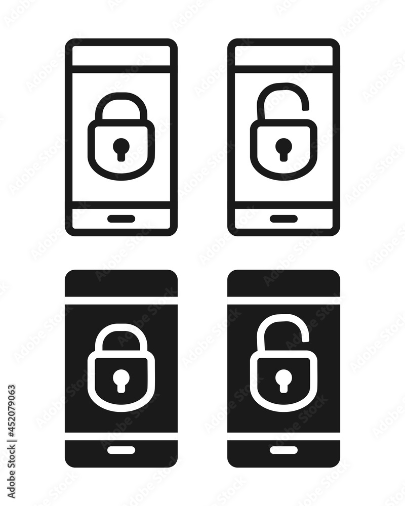 Phone with padlock icon on screen. Smartphone locked and unlocked sugn ...