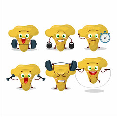 Sticker - A healthy chanterelle cartoon style trying some tools on Fitness center