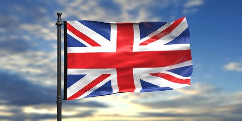 Canvas Print - UK flag waving on blue sky with clouds background. 3d illustration.