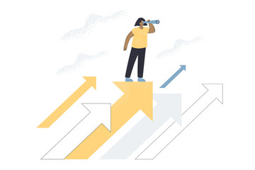 Wall Mural - tiny female person with spyglass looking for job opportunities. business strategy, career change or 