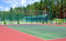 Sports Ground On The Outskirts Of The City In A Wooded Area. View Of The Tennis Court, Fitness Equipment, Football Field And Others Public Sports Grounds For Team Games Of Sport.